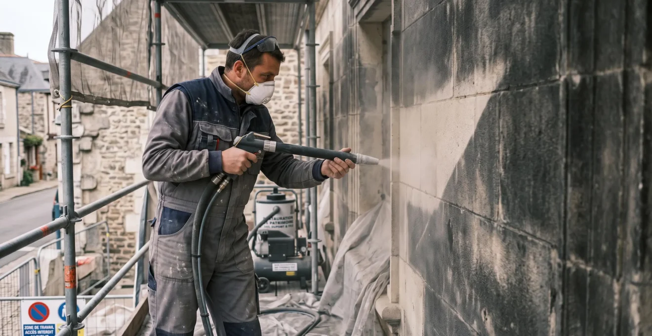 Artisan utilisant une lance d'aérogommage sur une façade en pierre calcaire ancienne lors d'un chantier de rénovation patrimoniale, avec contraste visible entre zone nettoyée claire et zone encrassée