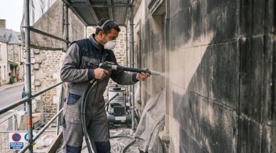 Artisan utilisant une lance d'aérogommage sur une façade en pierre calcaire ancienne lors d'un chantier de rénovation patrimoniale, avec contraste visible entre zone nettoyée claire et zone encrassée
