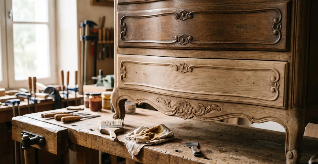 Commode ancienne en chêne massif de style Louis XV en cours de restauration, montrant le contraste entre zones vernies et bois brut décapé révélant le veinage naturel