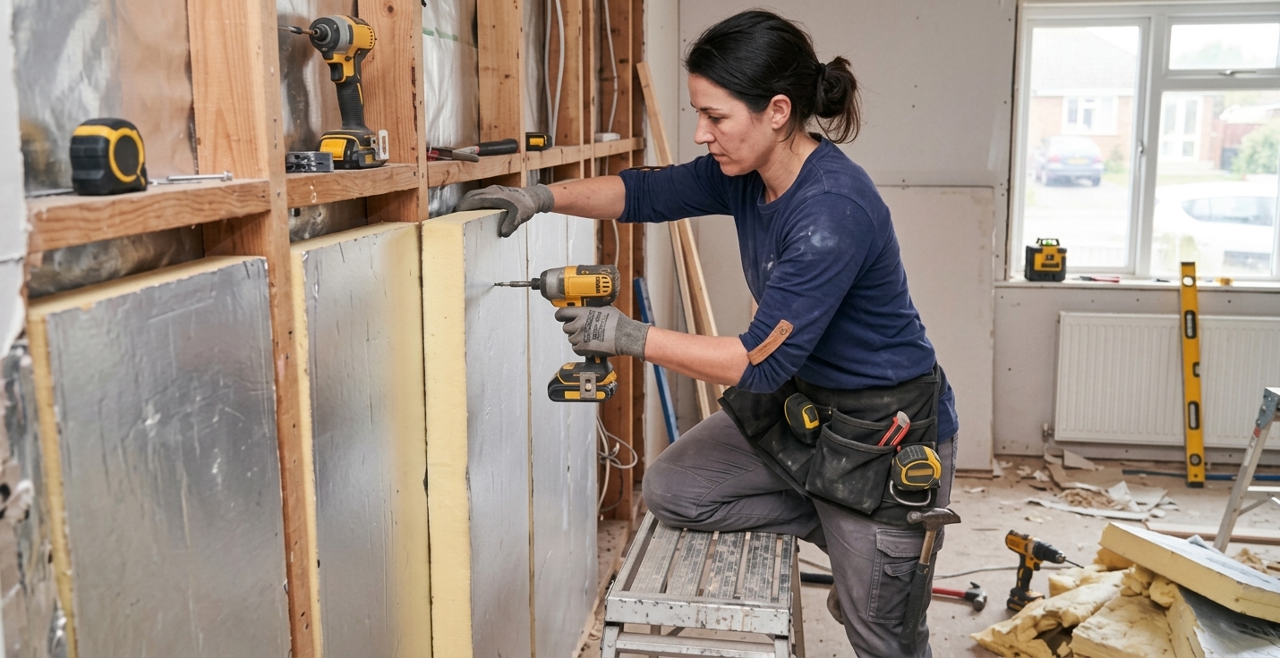 Un artisan professionnel installant des panneaux d'isolation thermique sur un mur intérieur dans le cadre de travaux de rénovation énergétique d'un logement