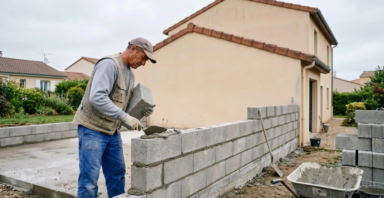 Un maçon pose des parpaings sur le mur d'une extension latérale en construction, attenant à une maison individuelle française.