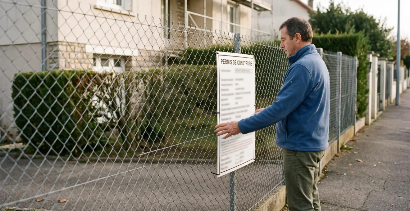 Un propriétaire lit le panneau d'affichage du permis de construire fixé sur la clôture de son terrain.
