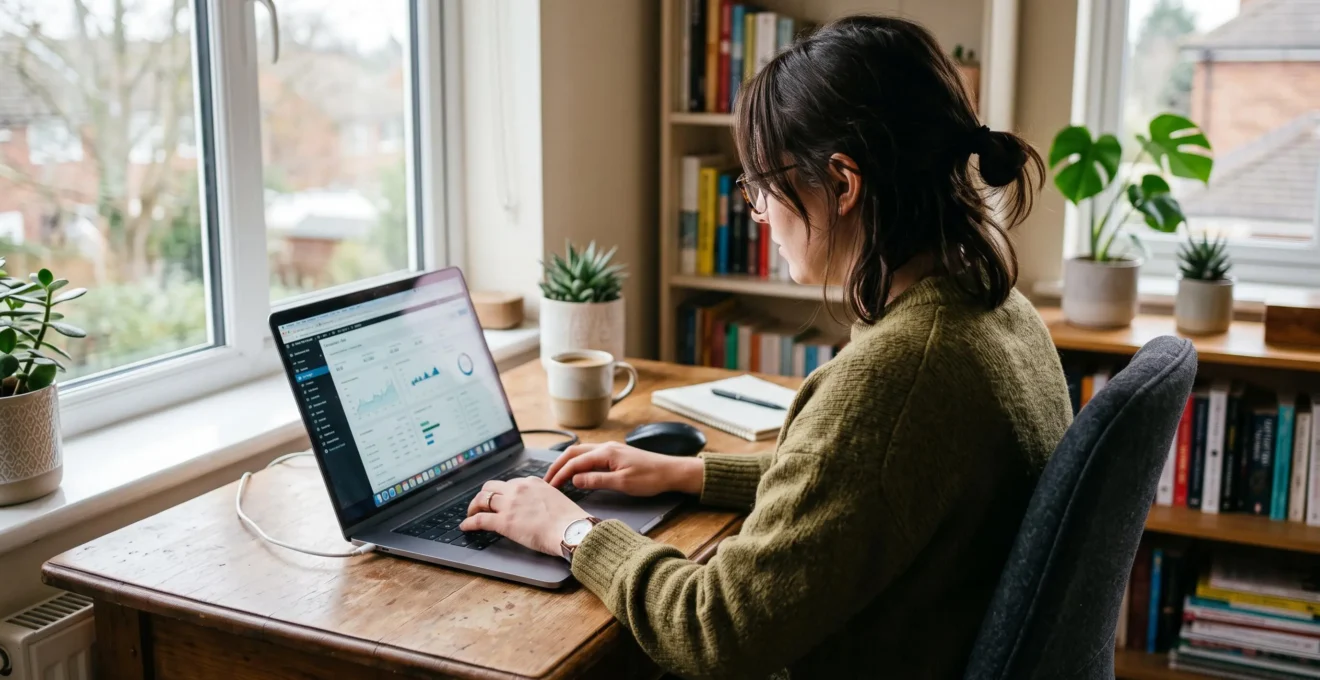 Une personne utilisant un ordinateur portable dans son domicile pour effectuer une simulation de prêt travaux en ligne
