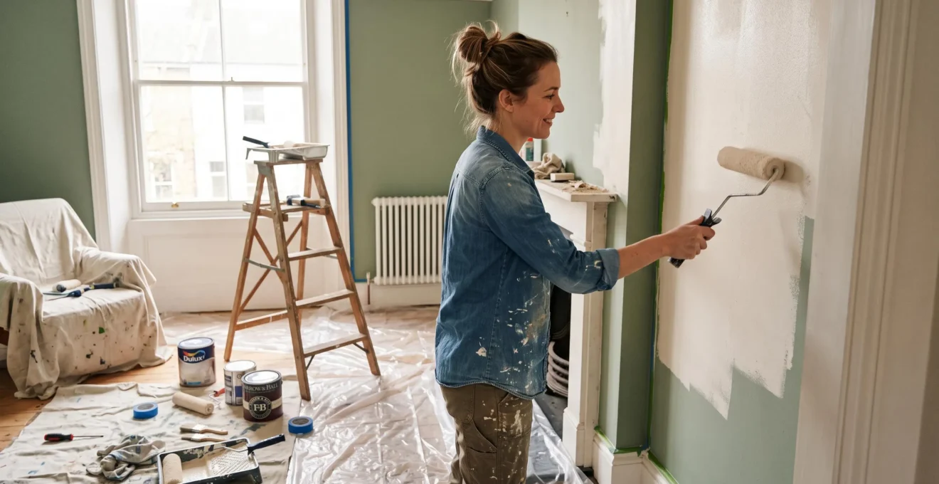 Un propriétaire effectuant des travaux de peinture murale dans une pièce de son logement en cours de rénovation avec protection au sol et matériel visible