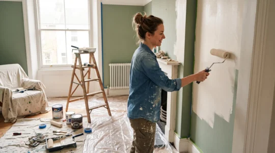 Un propriétaire effectuant des travaux de peinture murale dans une pièce de son logement en cours de rénovation avec protection au sol et matériel visible