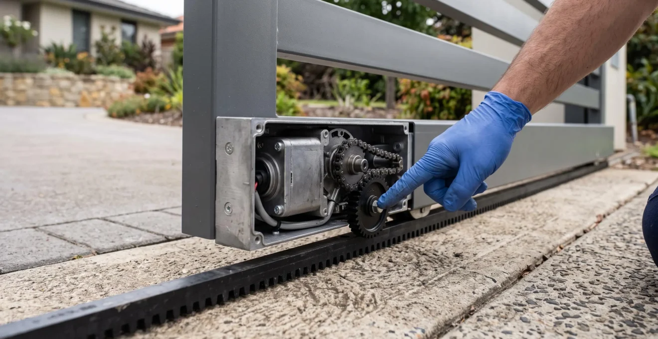 Gros plan sur le moteur intégré dans le rail inférieur d'un portail coulissant