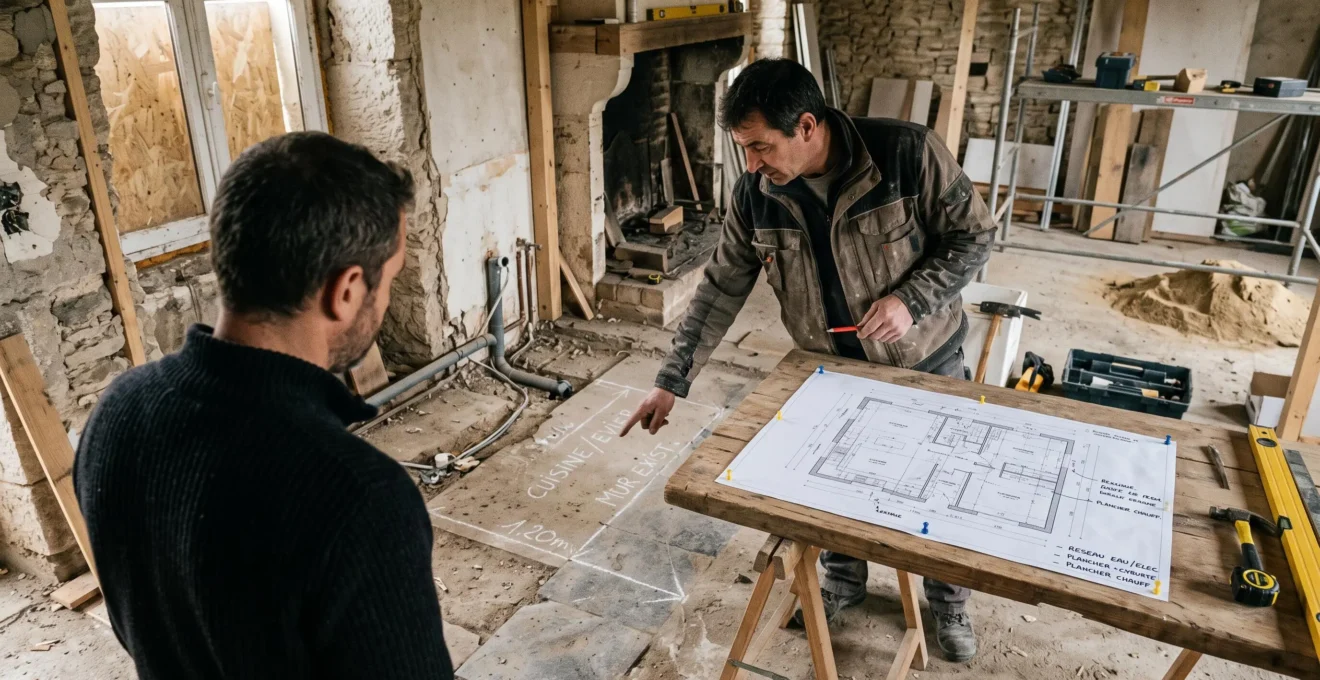 Un artisan montre un plan posé sur une tréteau à un propriétaire dans une cuisine en travaux.