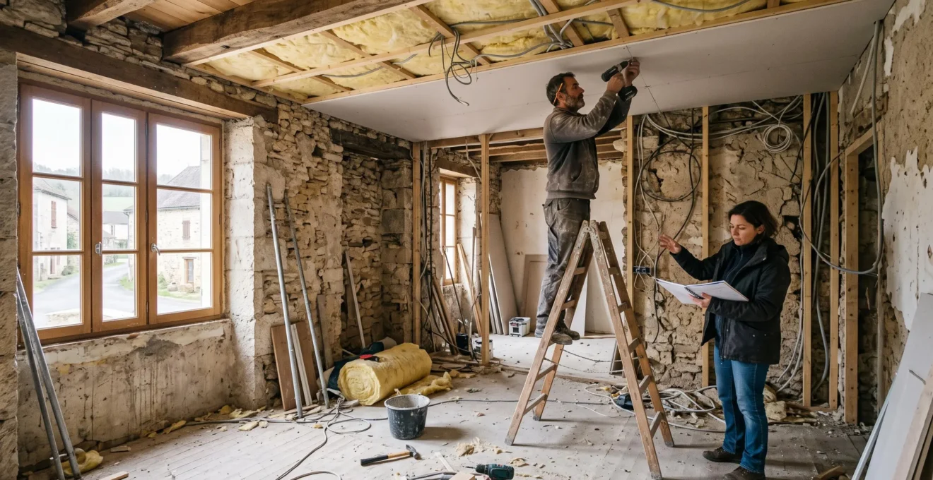 Un artisan et un propriétaire inspectent un salon en pleine rénovation globale, muraux dénudés.