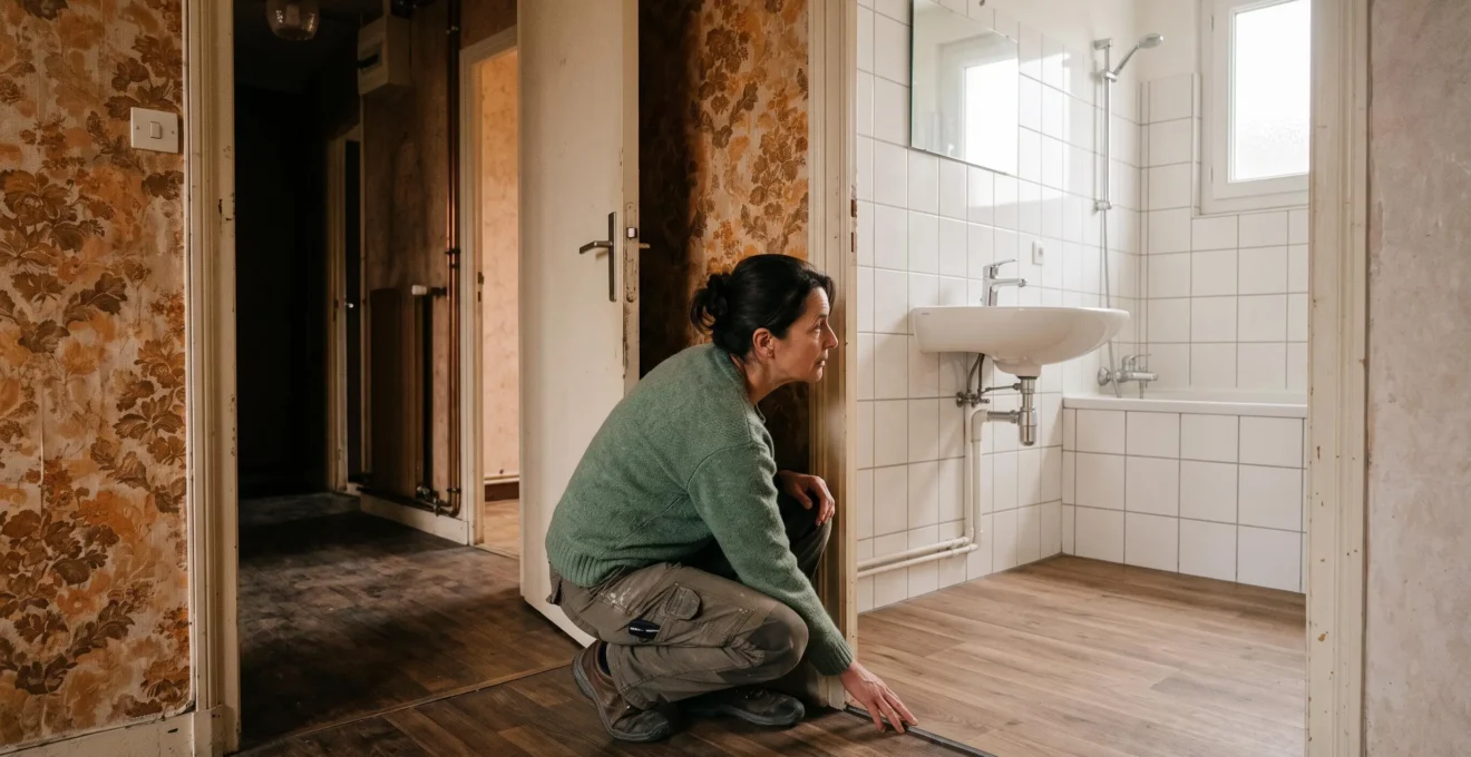 Une salle de bain rénovée contraste avec un couloir ancien, le propriétaire observe la transition.